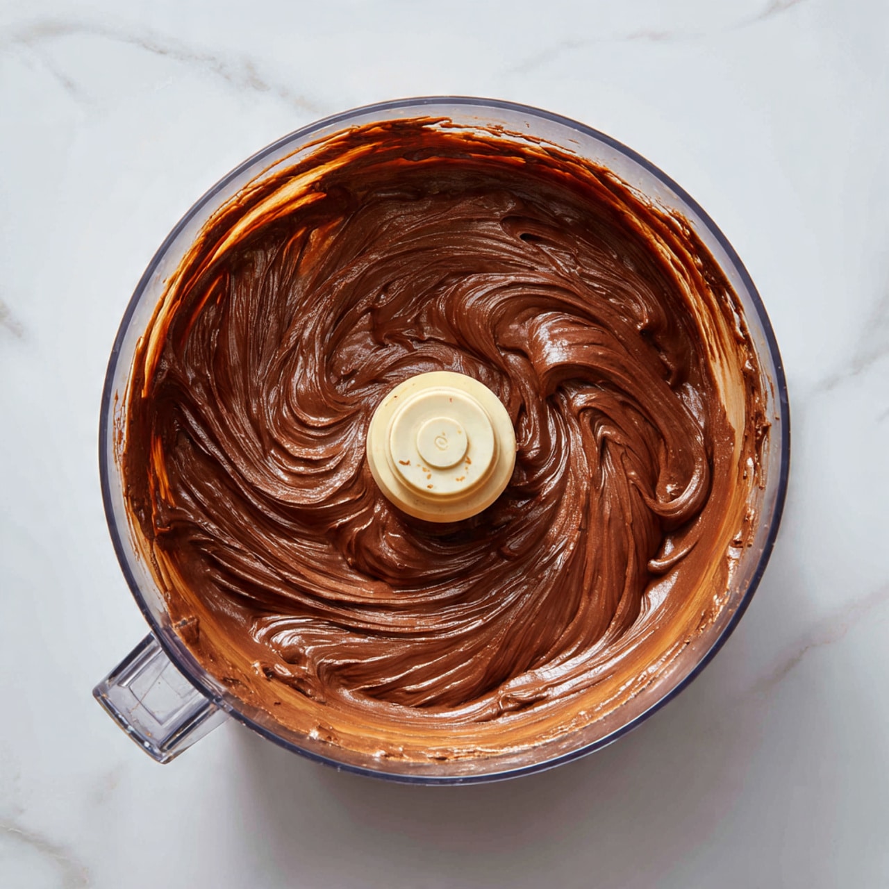 The image shows a round clear food processor bowl filled with smooth, thick chocolate mixture. The creamy chocolate has a shiny, soft texture with swirls made by the blade at the center. The mixture is evenly spread around the base and sides of the bowl. The bowl sits on a white marbled surface. Photo taken with an iphone --ar 4:5 --v 7