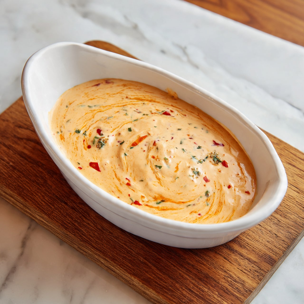 A white oval dish filled with a creamy, light orange sauce with small green and red specks. The sauce is smooth with gentle swirls on the surface and some of it is spread thinly on the sides of the dish. The dish is placed on a wooden table with a white marbled texture beneath it. Photo taken with an iphone --ar 4:5 --v 7
