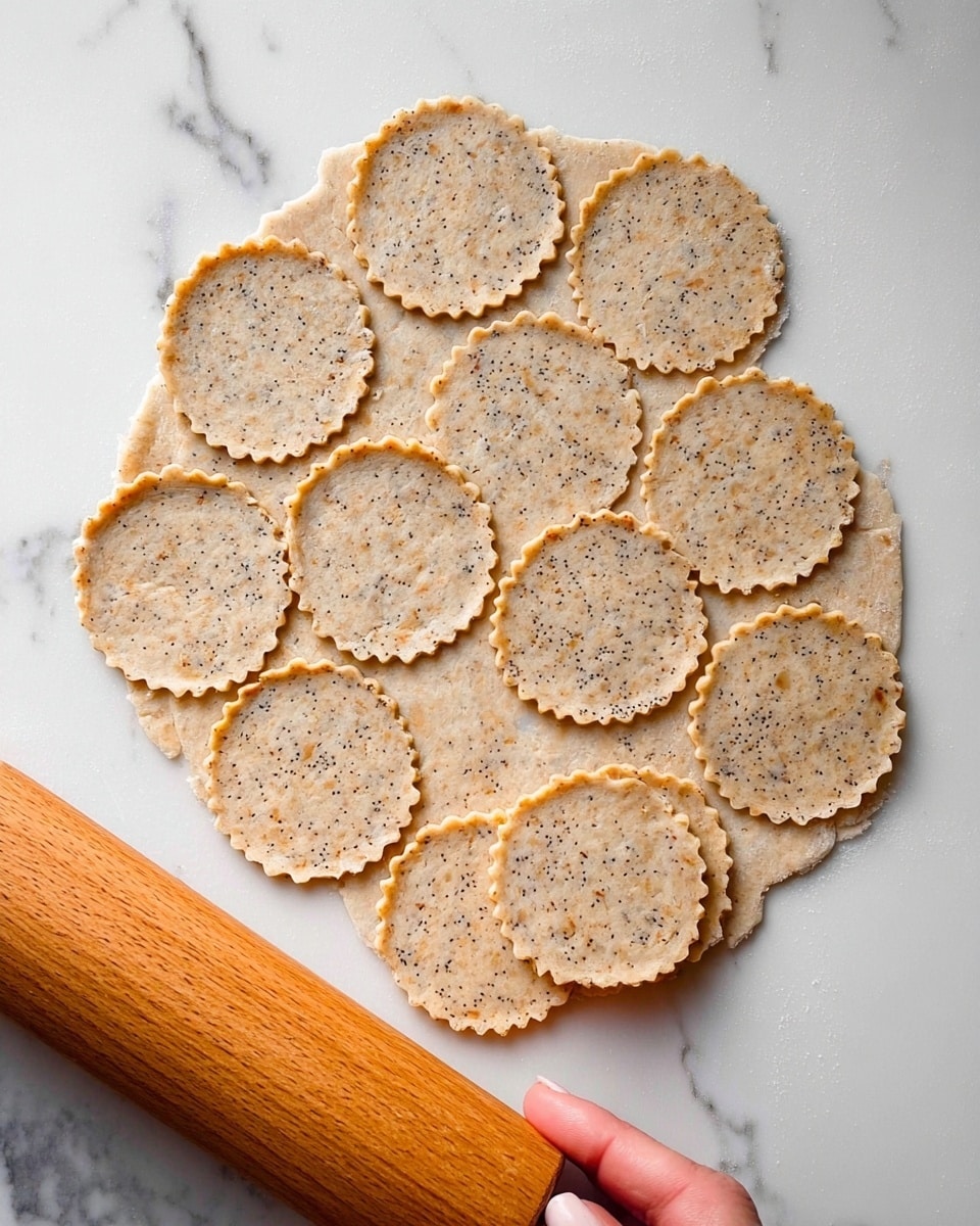 A white marbled surface holds a thinly rolled dough sprinkled with small seeds, rolled out unevenly with rough edges. On top of the dough, there are about eleven round shapes with scalloped edges, cut out evenly but still attached to the dough around them. The dough is light brown with darker spots from seeds or herbs mixed inside. At the bottom right corner, a wooden rolling pin rests partly on the surface. A woman's hand gently holds one of the round dough pieces near the bottom. Photo taken with an iphone --ar 4:5 --v 7