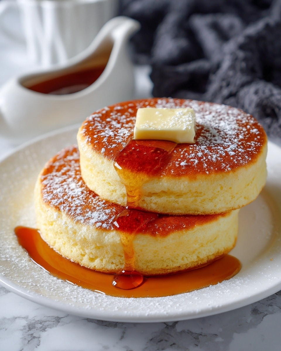 Two thick and fluffy pancakes stacked on a white plate, each pancake showing a light golden-brown top with a soft, airy, pale yellow texture on the sides. The top pancake is dusted lightly with white powdered sugar and topped with a square of melting pale yellow butter. Golden syrup is slowly dripping down from the butter and over the sides of the pancake stack, pooling slightly at the base. The plate sits on a white marbled surface with a dark cloth nearby and a small white sauce dish blurred in the background. photo taken with an iphone --ar 4:5 --v 7