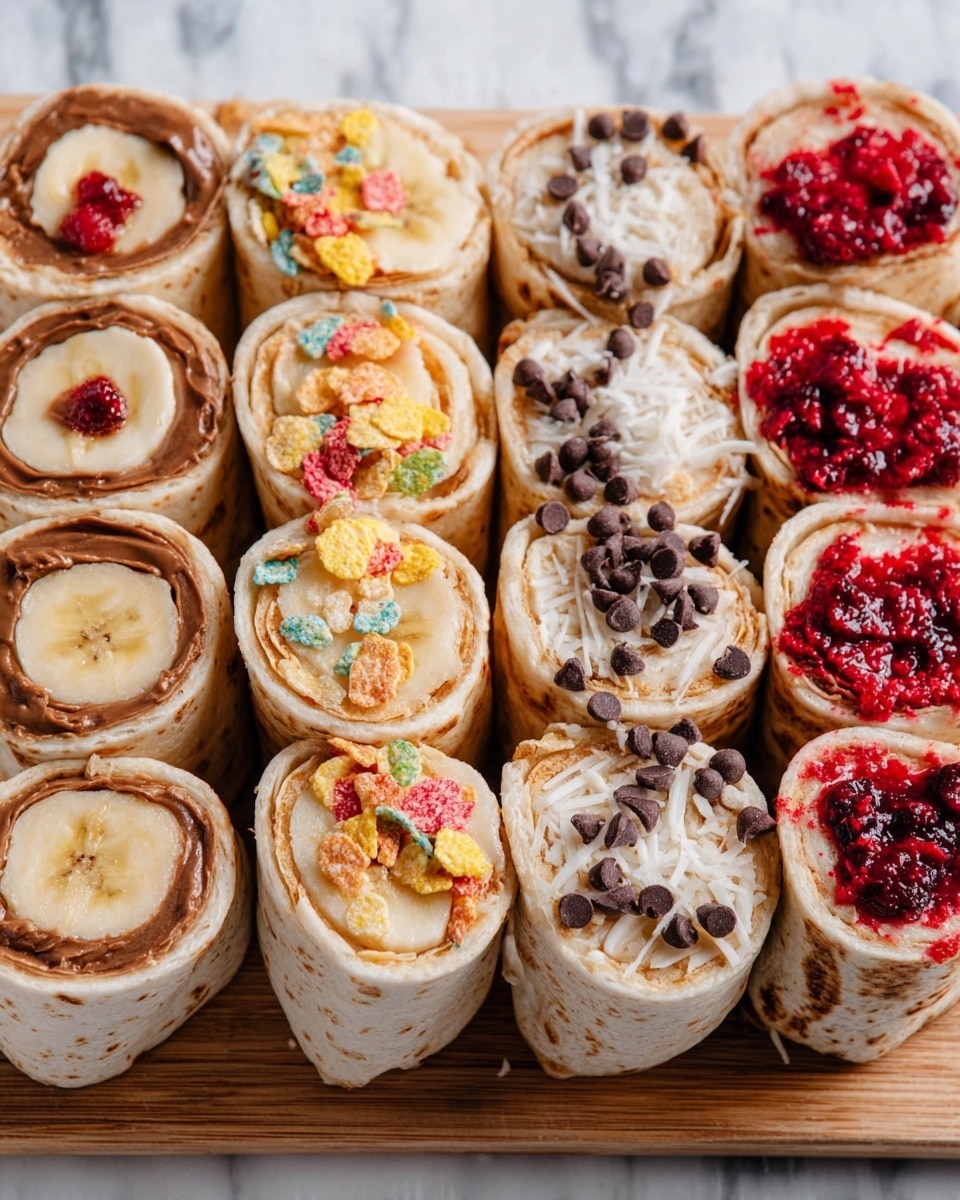 The image shows four rows of rolled wraps cut into small pieces arranged on a wooden board on a white marbled surface. Each piece has a banana inside a light brown tortilla wrap. The first row on the left has a layer of brown spread and small bits of red fruit on top. The second row has a light layer of spread inside with some colorful cereal flakes on top. The third row features a dark spread with bright red crushed berries on top. The fourth row on the right has a layer of light spread inside and is topped with small chocolate chips and white shredded pieces. The rolls are placed neatly, showing the cross-section of banana inside each wrap, photo taken with an iphone --ar 4:5 --v 7