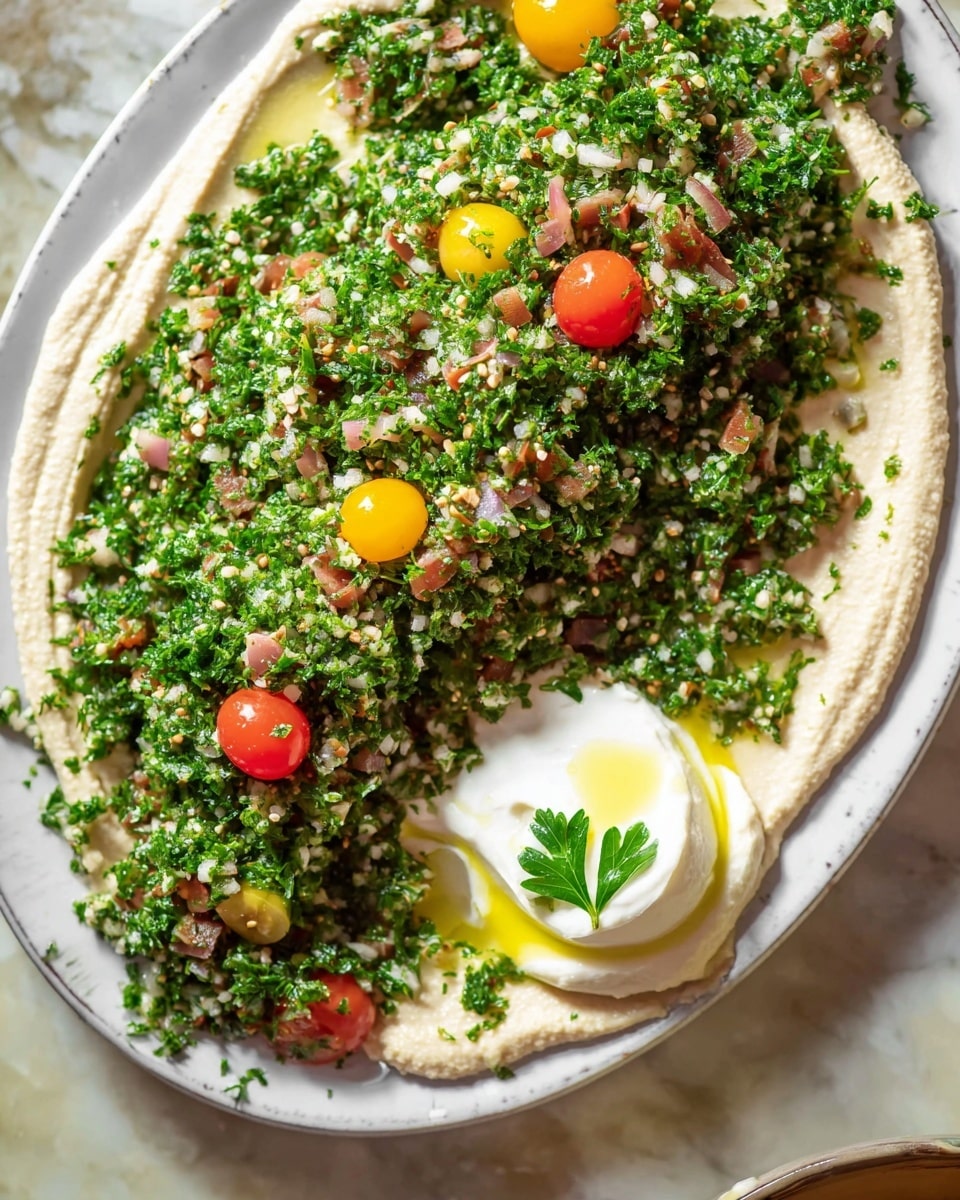 A close-up view of a white plate on a white marbled surface, showing creamy beige hummus spread smoothly with a small pool of olive oil on one side. On top of the hummus, there are small green parsley leaves and bits of chopped green herbs mixed with tiny light brown pieces. Two pita bread triangles with a light brown, slightly toasted texture are placed on the rim of the plate. Near the plate, a woman’s hand holds another pita triangle topped with a fresh green herb mix that has bits of white onions and small red tomato pieces. Photo taken with an iphone --ar 4:5 --v 7