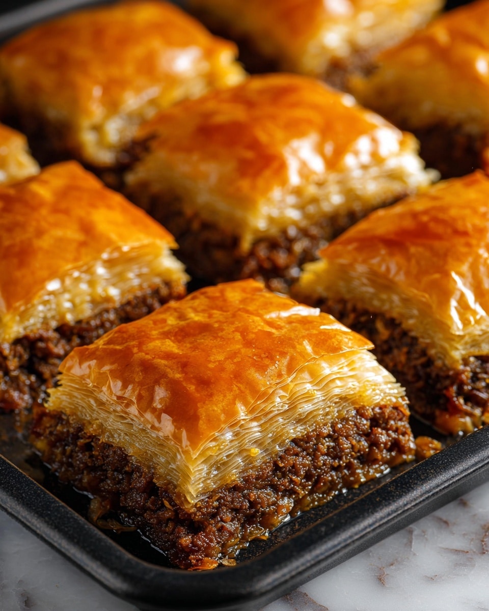 The image shows several square pieces of a golden brown pastry with many thin, flaky layers on top and bottom. The top layers are shiny and crisp, with a rich amber color from baking. Inside, there is a thick, dark brown filling that looks moist and crumbly, sitting just below the top layers. The pastries are placed closely together in a black tray on a white marbled surface. The focus is on one piece in the front that is slightly pulled out, showing the textured layers and filling clearly. photo taken with an iphone --ar 4:5 --v 7