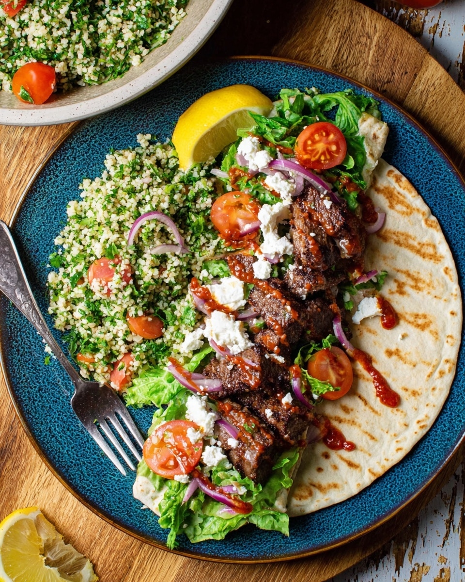 A round blue ceramic plate sits on a wooden surface with a white marbled texture, holding a grilled flatbread wrap open to show its layers. The flatbread is light beige with golden-brown grilled spots. Inside the wrap, there are two rows of grilled, dark brown meat pieces with a glistening surface. On top, fresh green leafy lettuce adds texture and color, scattered with small pieces of white cheese. Cherry tomato halves in red and orange and thin rings of purple onion are layered within and beside the wrap. A drizzle of white sauce and a reddish-brown sauce runs over the meat and lettuce. On one side of the plate, there is a portion of tabbouleh salad with chopped green herbs, bulgur wheat, and some tomato pieces. A lemon wedge with bright yellow flesh rests at the edge of the plate. A silver fork is placed on the left side of the plate, and part of a white bowl filled with tabbouleh salad is visible at the top left. Photo taken with an iphone --ar 4:5 --v 7