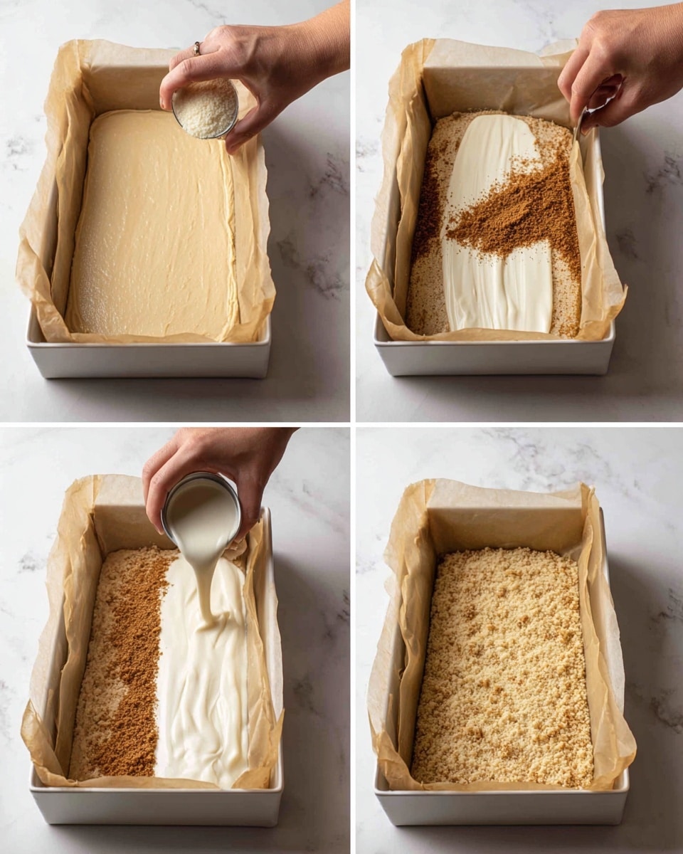 The image shows four steps of making a layered dessert in a rectangular baking pan lined with parchment paper. In the first step, there is a smooth, light beige batter spread evenly inside the pan. In the second step, a woman's hand is sprinkling a layer of fine brown crumbs over half of the batter's surface. In the third step, a thicker, creamy, off-white liquid is poured over the crumb layer, covering it partially. In the last step, a woman's hand is sprinkling a crumbly, pale golden topping over the entire surface of the batter and cream layer inside the pan. The pan is placed on a white marbled surface. Photo taken with an iphone --ar 4:5 --v 7
