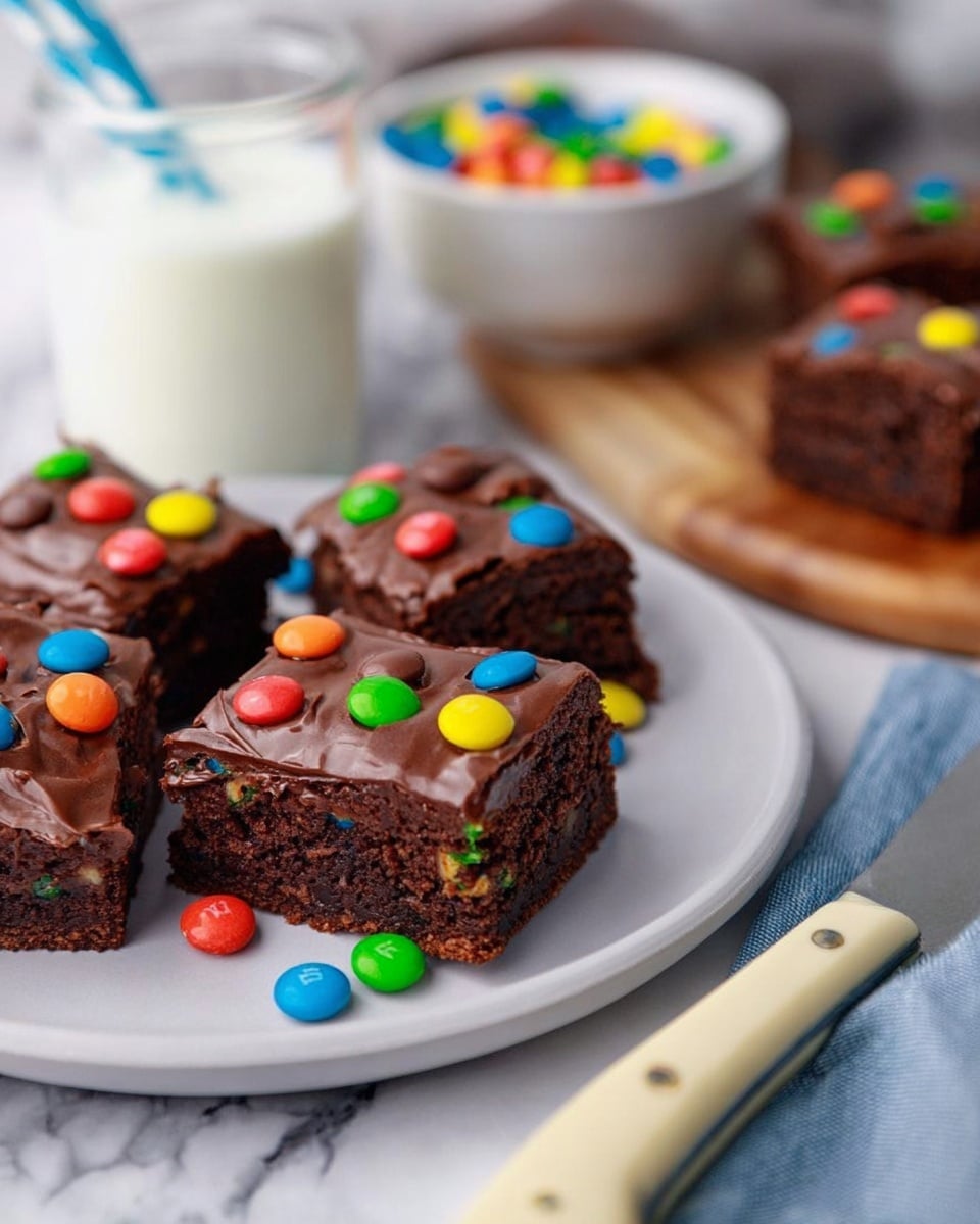 The image shows four square chocolate brownies on a white plate with a smooth and shiny chocolate layer on top, decorated with colorful candy pieces scattered evenly across each brownie and a few candies scattered on the plate. Each brownie has two visible layers: a dense, dark brown cake base, and a thick glossy chocolate frosting layer on top. In the blurry background, there is a white marbled surface, a glass of milk with a blue and white striped straw, a bowl filled with more colorful candy pieces, and a knife with a cream-colored handle resting on a cutting board. Photo taken with an iphone --ar 4:5 --v 7