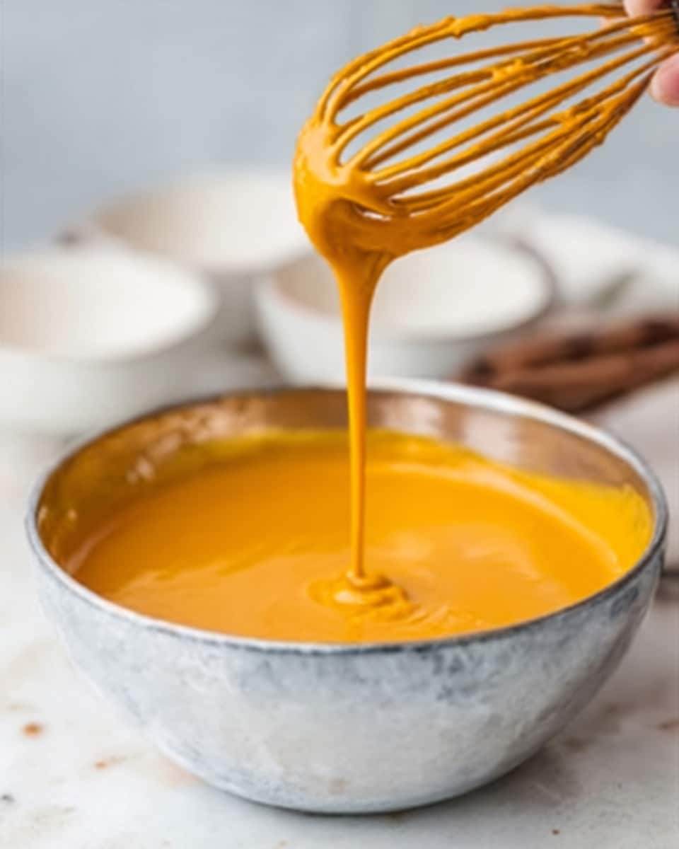 The image shows a metal bowl with thick, smooth orange sauce being poured slowly from a whisk held by a woman's hand. The sauce is shiny and creamy, with a rich texture. The background surface is a white marbled texture, and there are two blurred white bowls in the background. The focus is on the sauce dripping steadily from the whisk into the bowl below. photo taken with an iphone --ar 4:5 --v 7