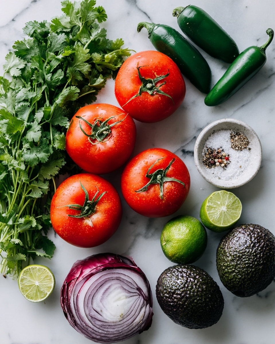 The image shows fresh ingredients laid out on a white marbled surface. There are three bright red tomatoes with green stems still attached, placed near a bunch of vibrant green cilantro leaves at the top left. Two dark green jalapeno peppers sit next to a small white bowl holding coarse salt and crushed black pepper. Below the tomatoes is a halved red onion with visible purple and white layers. Two whole avocados with dark rough skin are positioned near two green limes, one of which is cut in half showing its pale green inside. Each item is clearly spaced and labeled with simple black text on white tags. Photo taken with an iphone --ar 4:5 --v 7