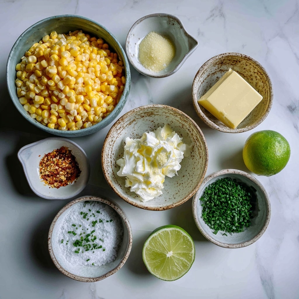 A white rectangular dish holds a creamy light yellow sauce as the bottom layer, topped with a thick layer of bright yellow corn kernels mixed with small bits of red pepper and green herbs scattered throughout. A wooden spoon lifts a scoop of the corn mixture from the dish, and a green lime half rests on top of the corn near the center. In the background, there is a white marbled surface with scattered herbs and pepper specks, a green lime cut into halves and quarters, a wooden bowl with green sauce, and a red and white striped cloth. photo taken with an iphone --ar 4:5 --v 7