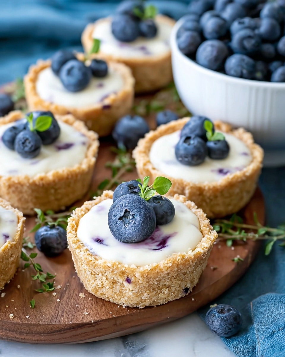 The image shows a small tart with three layers: the bottom layer is a golden, crumbly crust holding a creamy white filling with small dark specks inside, topped with a fresh whole blueberry and a half blueberry with visible seeds and a small green leaf on top. In the background, two more tarts of the same kind are slightly out of focus, all placed on a wooden surface. Extra blueberries are scattered around. The light makes the crust look crisp and the creamy filling smooth and soft. The background has a blurred blue color. photo taken with an iphone --ar 4:5 --v 7