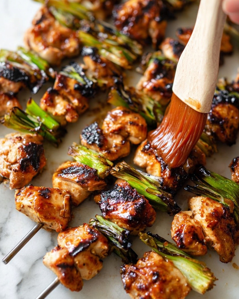 Several skewers are shown on a white marbled surface, each with multiple layers of grilled chicken pieces and green onion slices. The chicken pieces are golden brown with darker grill marks and slightly charred edges, while the green onions are soft with dark green and white parts, some charred as well. A woman's hand is brushing a shiny, reddish-brown sauce onto the chicken with a wooden brush, adding a glossy texture. The skewers are arranged closely, filling the frame with a warm and appetizing look. Photo taken with an iphone --ar 4:5 --v 7