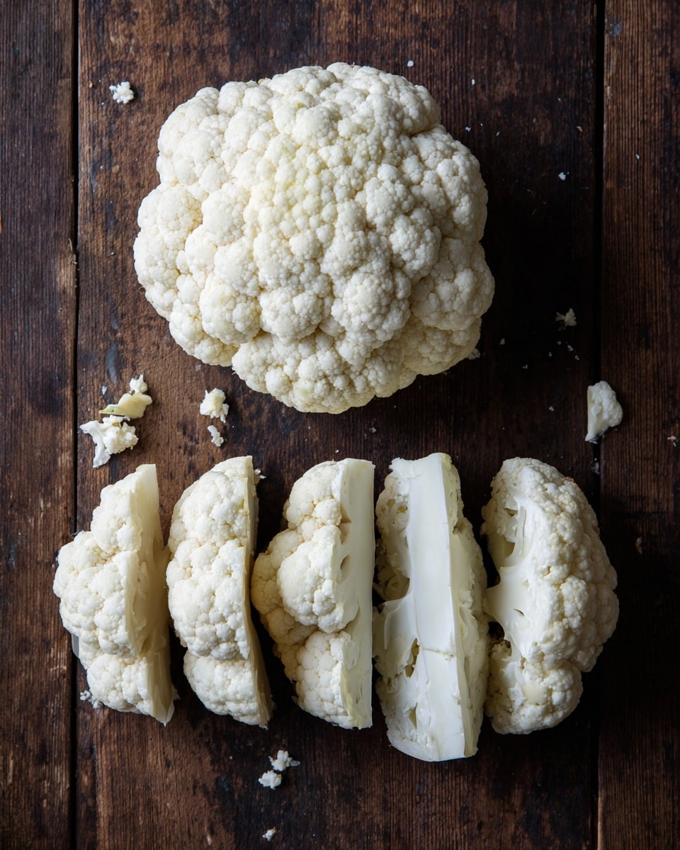 A whole white cauliflower is shown on a dark wooden surface with some small broken bits scattered around it. The left side shows the cauliflower as a full head with a white, bumpy texture and a label that says