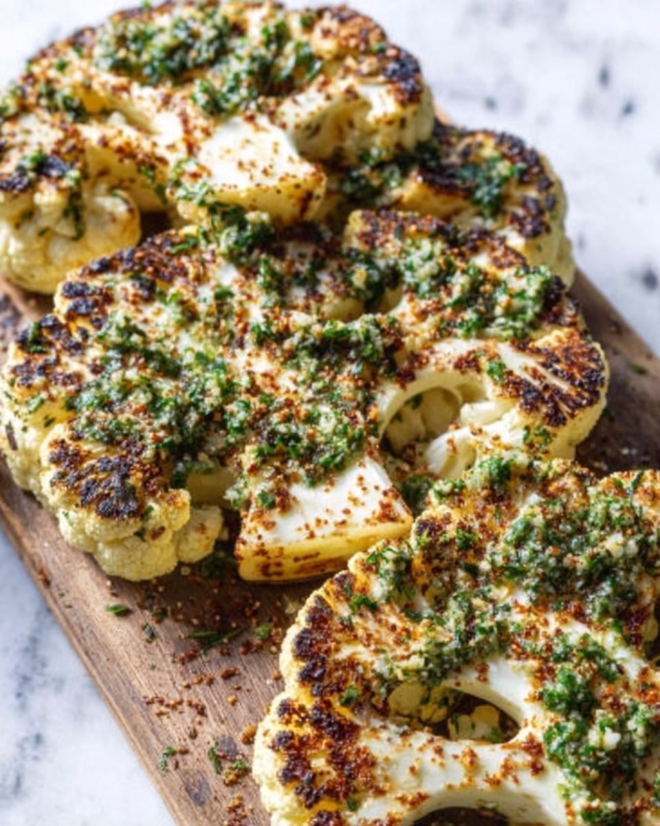 The image shows five large cauliflower steaks arranged on a wooden board over a white marbled surface. Each cauliflower steak has a browned, slightly crispy outer layer with visible grill marks and a chunky texture. On top, there is a green herb sauce spread unevenly, giving a fresh look, along with a sprinkle of reddish-brown spices adding color contrast. The cauliflower flesh is pale white with some charred spots, creating a mix of creamy and crispy textures. photo taken with an iphone --ar 4:5 --v 7