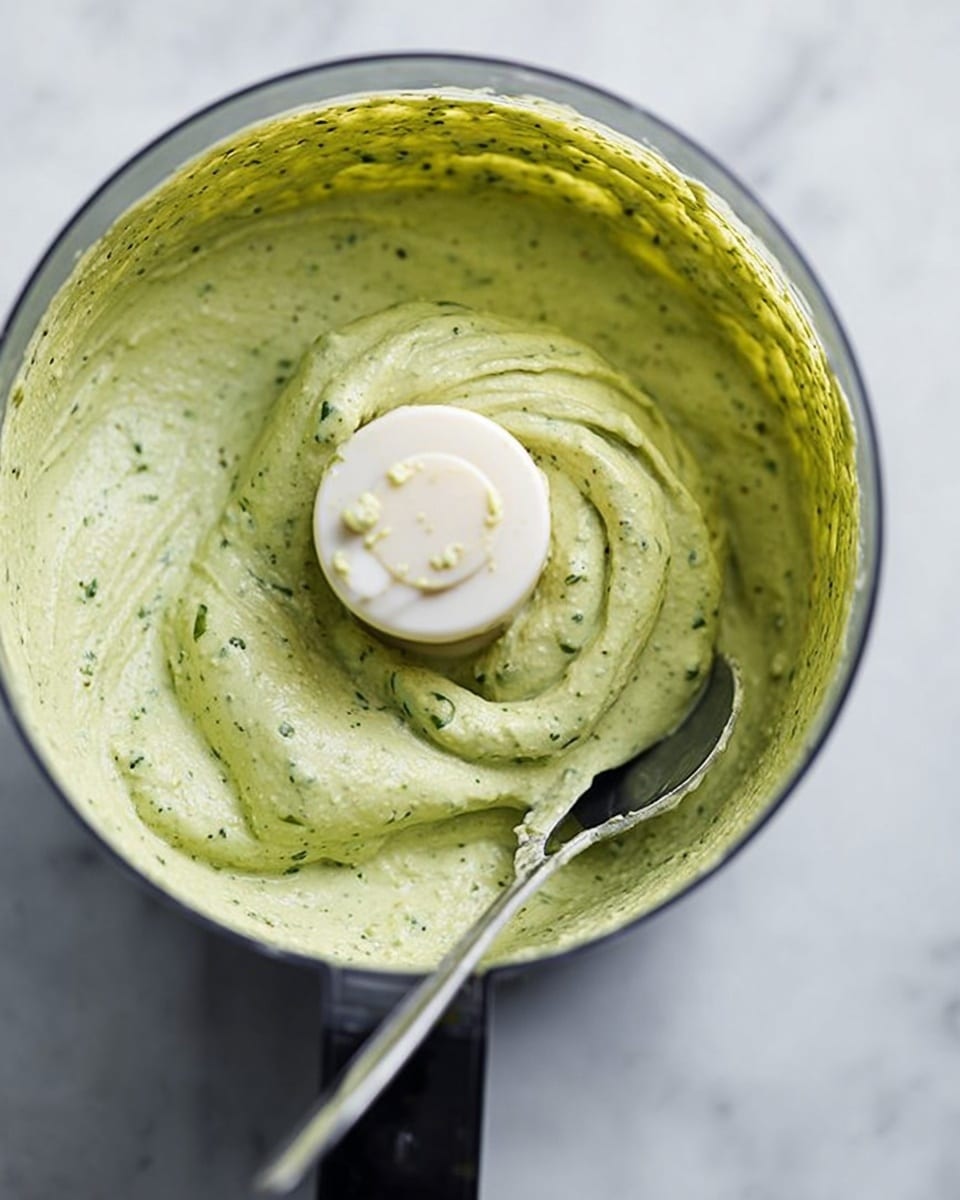 A close-up view of a food processor filled with a thick, creamy light green sauce mixed with small darker green bits, showing a smooth and soft texture. A silver spoon is partially dipped in the sauce, resting on the edge of the white marbled surface below. The top white plastic part of the food processor’s blade holder is centered, slightly stained with the sauce. The background is a clean white marbled texture. Photo taken with an iphone --ar 4:5 --v 7