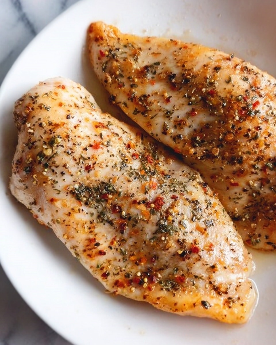 The image shows two pieces of cooked chicken on a white plate. The chicken has a light golden color with visible seasoning including black pepper, red flakes, and green herbs spread evenly across the surface. The texture of the chicken looks moist and tender with a slight shine. The plate is placed on a white marbled surface. Photo taken with an iphone --ar 4:5 --v 7