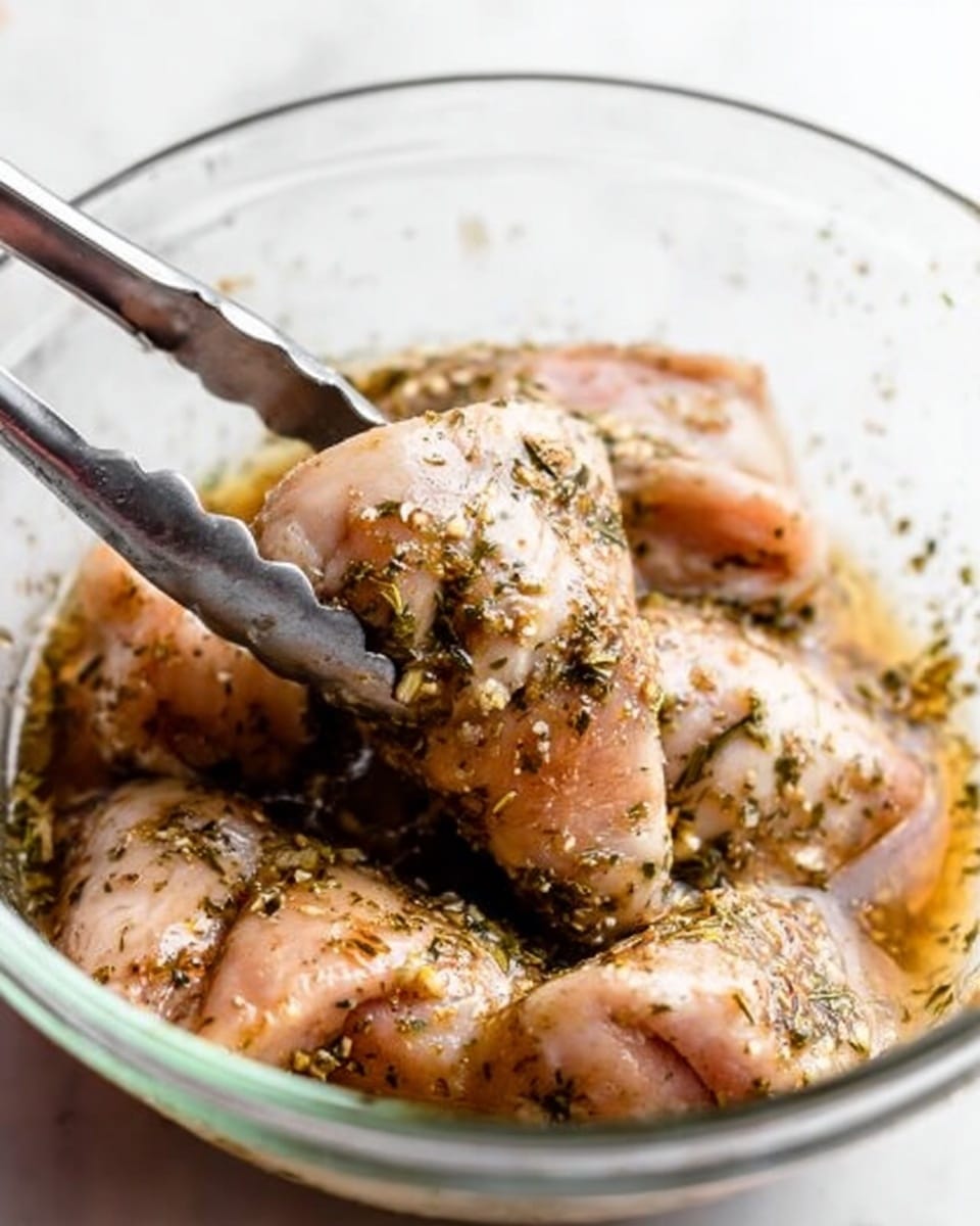 A close-up view of several raw chicken pieces in a clear bowl, covered with small bits of herbs and spices in a light brown marinade that pools around the meat. The chicken has a pale pink color with some white fatty parts, and the herbs give a speckled green and brown appearance. A woman's hand holds silver tongs gently lifting one piece, showing the texture and moisture of the meat and marinade. The bowl sits on a white marbled surface. photo taken with an iphone --ar 4:5 --v 7