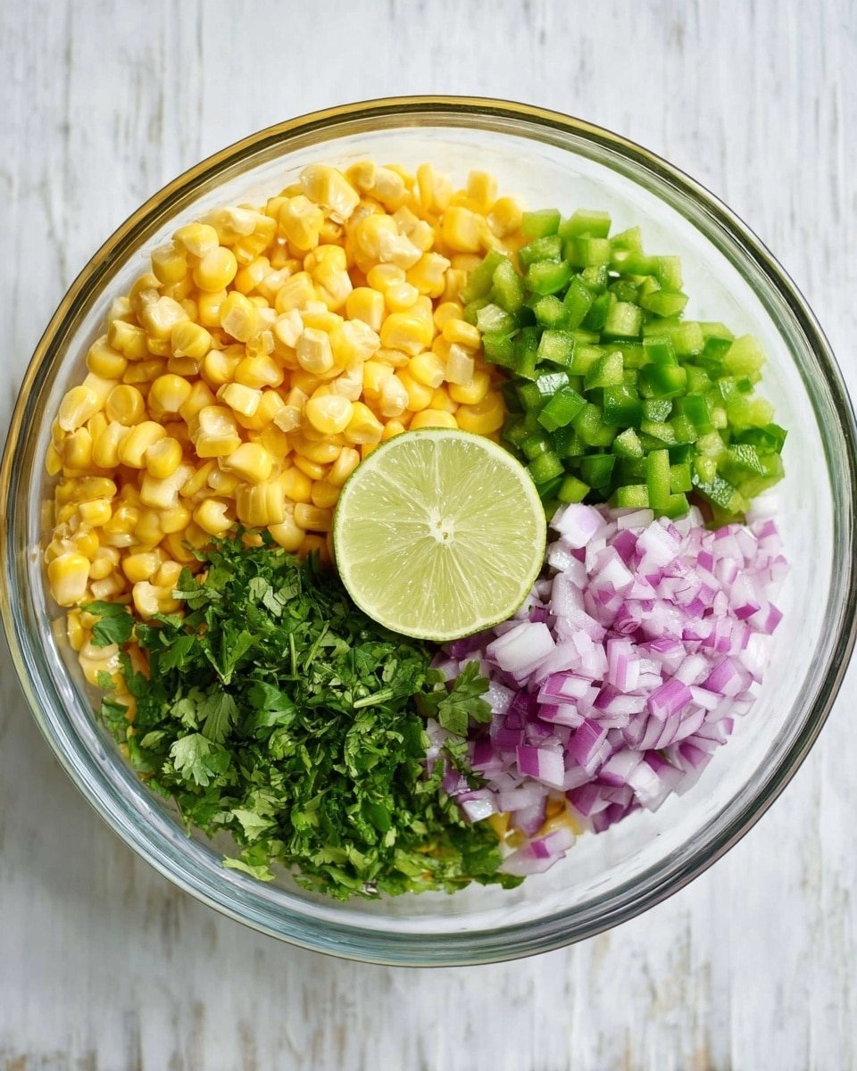 A clear glass bowl holds four sections of fresh ingredients arranged like a pie chart on a white marbled surface. One large section is filled with bright yellow corn kernels with a soft texture, another section shows finely chopped green bell peppers with a crisp appearance. Next to it, there is a portion of finely chopped red onions with a light purple color and a slightly glossy texture. The last section has chopped fresh green cilantro with a leafy texture. A cut lime half showing its pale green juicy interior sits in the glass bowl center, slightly overlapping all four sections. photo taken with an iphone --ar 4:5 --v 7