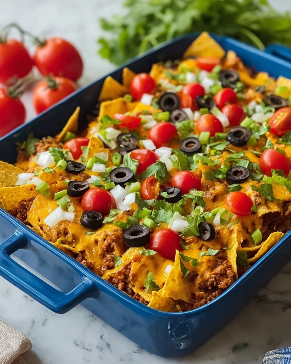 A deep blue rectangular baking dish filled with three layers: the bottom layer is golden yellow tortilla chips arranged unevenly, the middle layer is a mixture of cooked brown ground meat and melted orange cheddar cheese that covers the chips, and the top layer is scattered with halved red cherry tomatoes, sliced black olives, and chopped green onions. The baking dish sits on a white marbled surface with a bunch of fresh green cilantro leaves nearby on the left and a small glass bowl of light brown beans on the upper right corner. Photo taken with an iphone --ar 4:5 --v 7