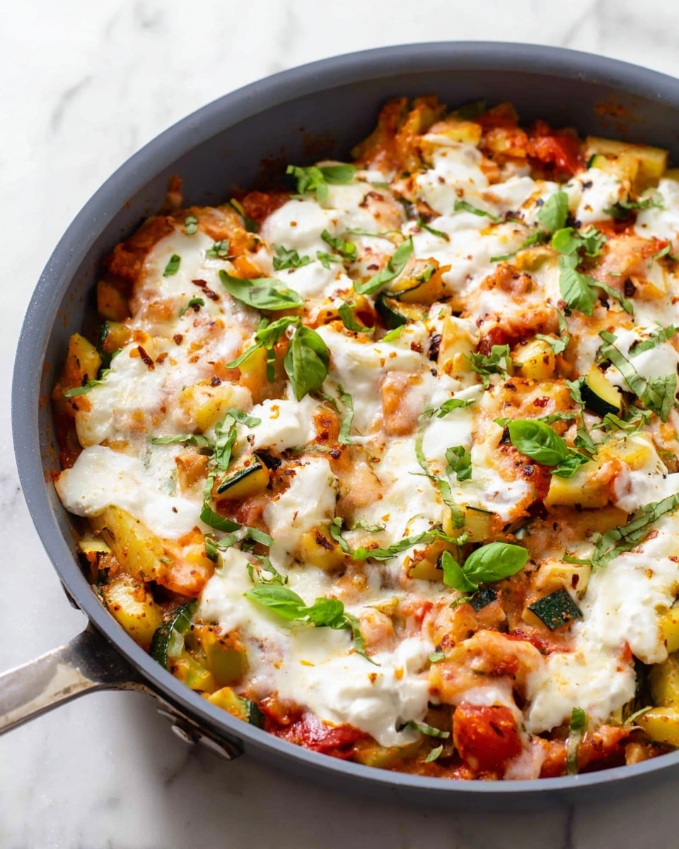 The image shows a close-up of a dish in a grey pan placed on a white marbled surface. The dish has multiple layers starting with a base of diced vegetables in warm colors like orange, red, and green, including pieces of zucchini and tomatoes. Over the vegetables, there is melted white cheese spread unevenly, creating creamy patches throughout. The dish is garnished with small green basil leaves scattered on top. A woman's hand is holding the handle of the pan slightly visible on the left side. The overall texture is soft with a mix of smooth cheese and chunky vegetable pieces. The photo taken with an iphone --ar 4:5 --v 7