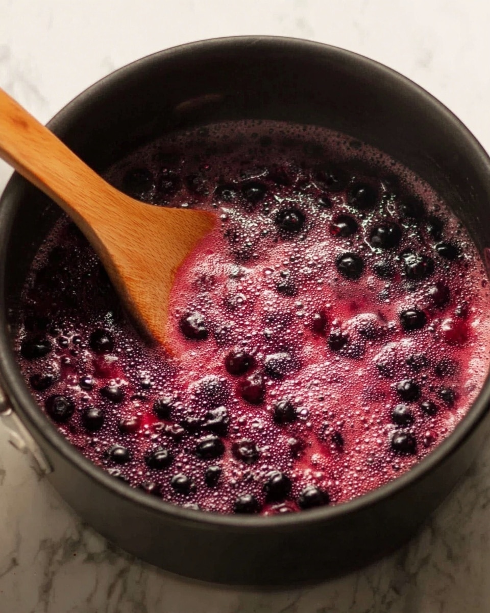 A black pot filled with dark purple and red berries cooking in a thick, bubbly pinkish-purple liquid. The bubbles of foam are scattered across the surface, showing the liquid is hot and simmering. A wooden spoon is partially submerged on the left side, stirring the mixture. The pot sits on a white marbled surface. photo taken with an iphone --ar 4:5 --v 7