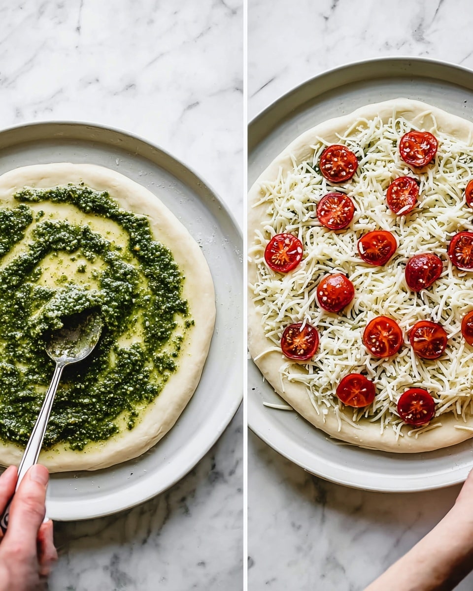 The image shows two white plates on a white marbled surface. On the left plate, there is a round pizza dough with a thicker edge, and a bright green pesto sauce is being spread on the dough with a silver spoon held by a woman's hand at the bottom right. On the right plate, the same pizza dough is fully spread with pesto sauce, covered with an even layer of shredded white cheese, and topped with evenly spaced halves of red cherry tomatoes. The pizza looks fresh and ready to bake. Photo taken with an iphone --ar 4:5 --v 7