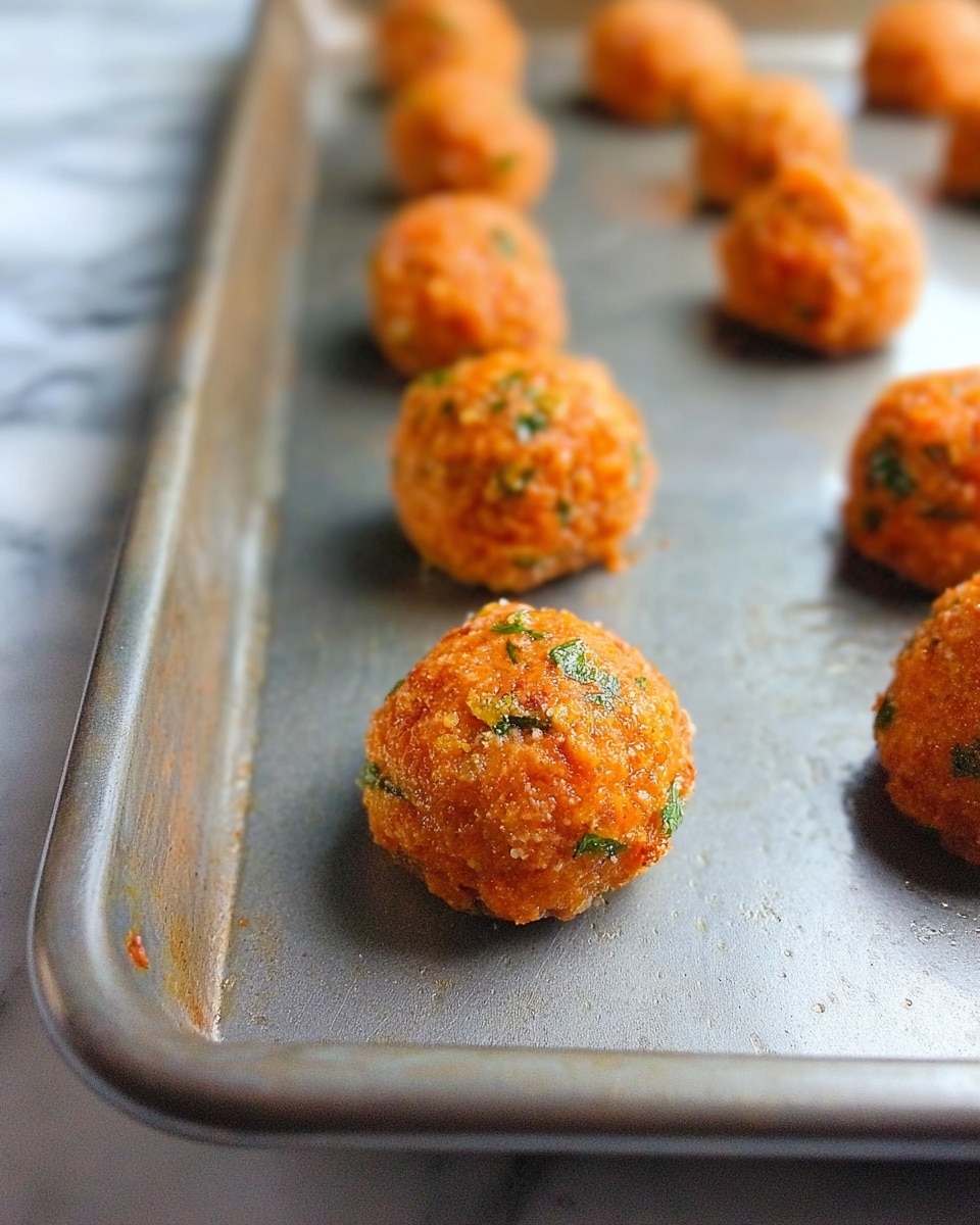 The image shows several small, round orange meatballs with green herbs mixed in, spaced out on a gray metal baking tray. The meatballs have a slightly rough texture with visible bits of seasoning. The tray is set against a background of white marbled texture, giving a clean and simple look. photo taken with an iphone --ar 4:5 --v 7