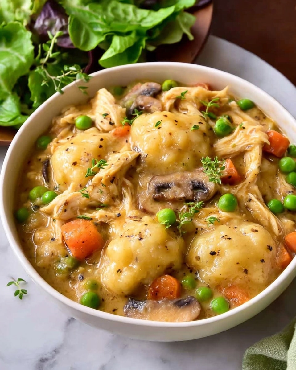 A white bowl filled with a creamy dish consisting of soft, round gnocchi pieces covered in thick sauce. The sauce has a light beige color with visible small chunks of cooked chicken, bright orange carrot bits, fresh green peas, and slices of brown mushrooms. The dish is topped with some green herb leaves and a sprinkle of black pepper, giving it a fresh and flavorful look. The bowl sits on a white marbled surface, with a blurred green salad and bread visible in the soft background, creating a cozy and inviting feeling. photo taken with an iphone --ar 4:5 --v 7