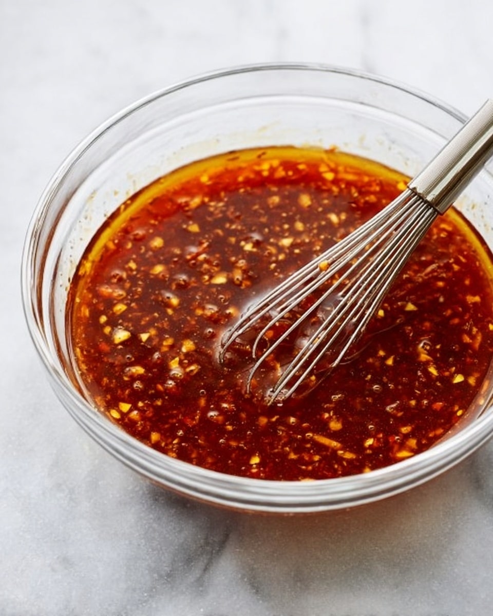 A clear glass bowl sits on a white marbled surface filled with a dark reddish-brown sauce that has tiny pieces of light yellow and orange chunky bits spread evenly throughout. A small metal whisk with a shiny silver handle is partially placed into the sauce, resting diagonally inside the bowl. The liquid looks thick with visible small drops of oil on the surface, giving it a glossy texture. The scene is bright with soft natural light highlighting the colors and textures. photo taken with an iphone --ar 4:5 --v 7