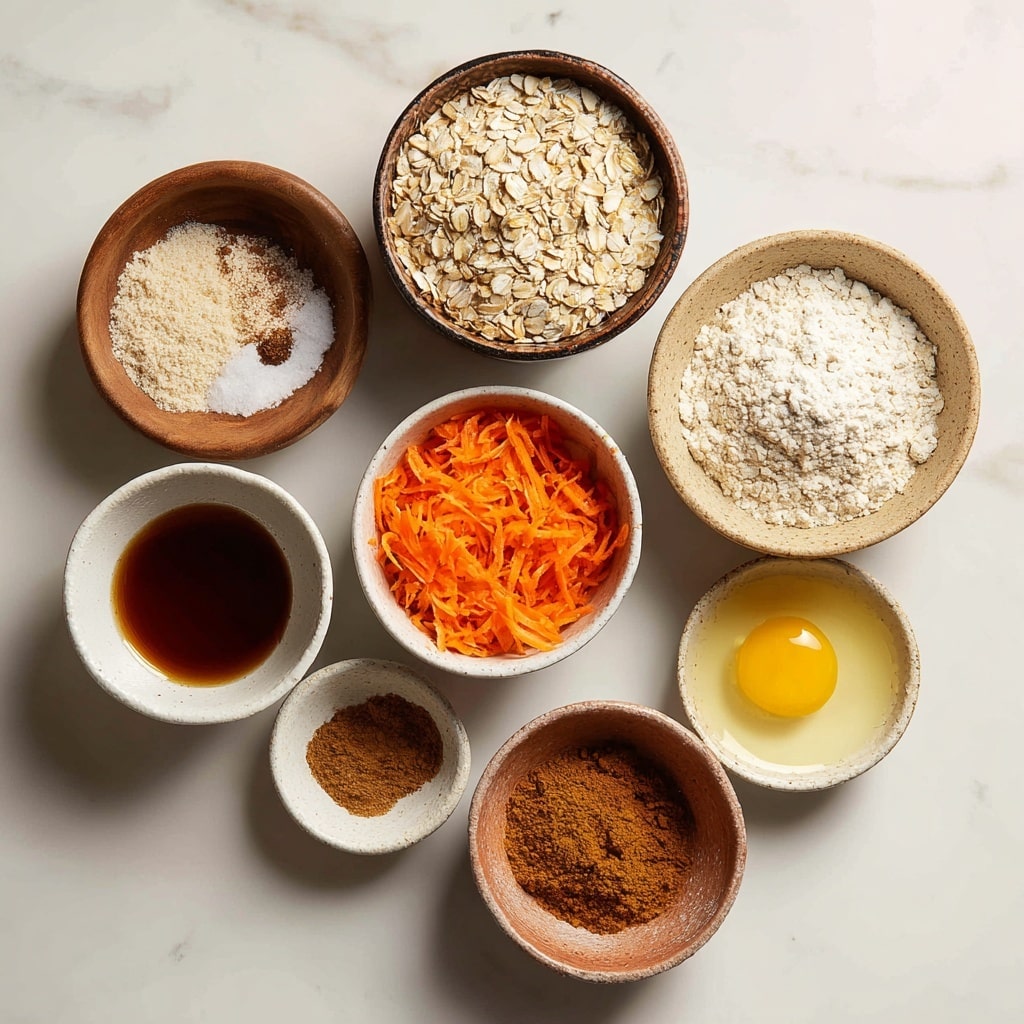 The image shows a close-up of two thick, round oatmeal carrot cookies stacked on top of each other with a square piece of white parchment paper between them. The cookies have a rough, textured surface with visible oats and shredded orange carrot pieces, giving them a homemade look. The background is softly blurred, featuring a white bowl filled with sliced orange carrots and a yellow spoon resting nearby, all placed on a white marbled surface. photo taken with an iphone --ar 4:5 --v 7