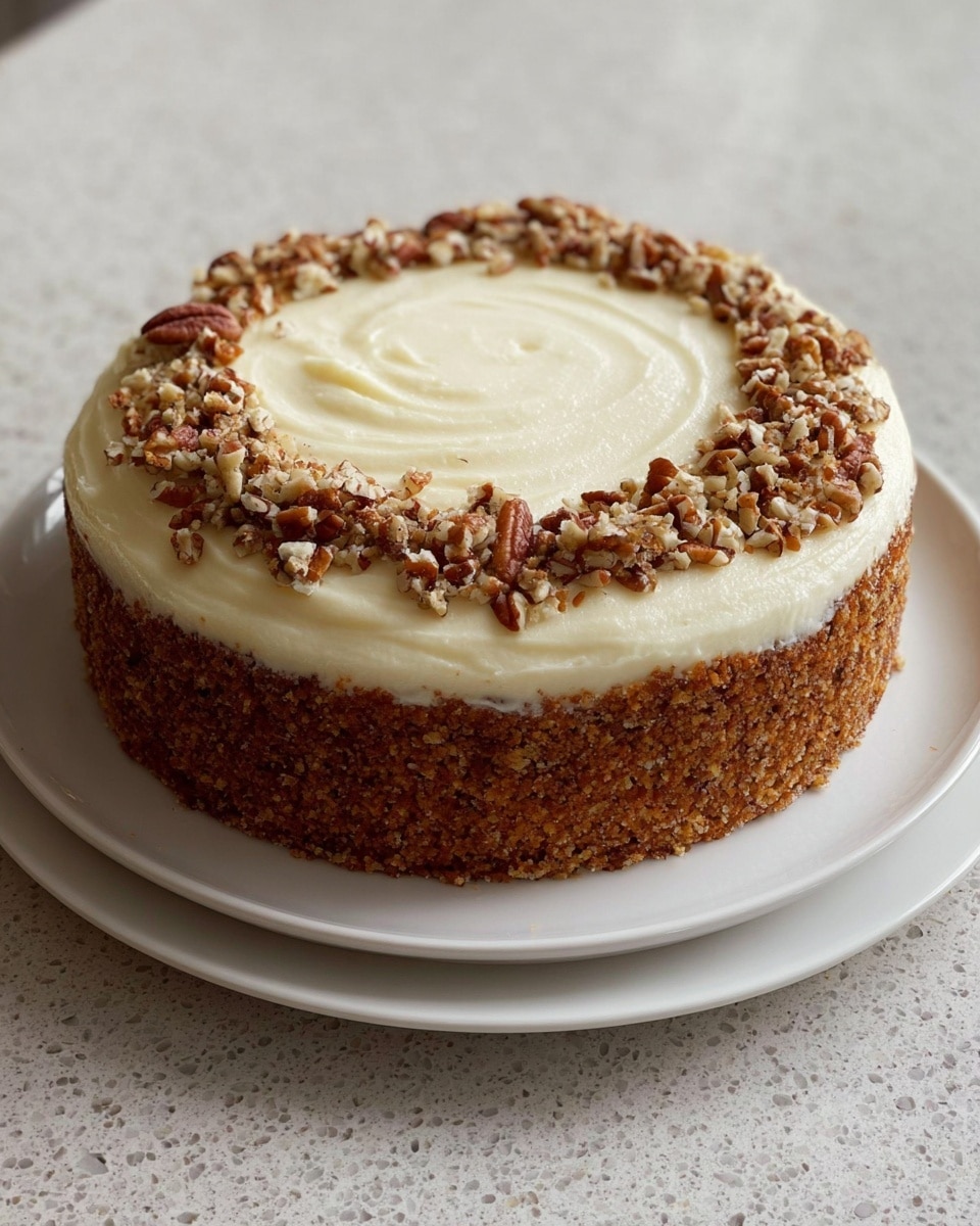 A round cake with three clear layers sits on a white plate on a white marbled surface. The bottom and middle layers are light brown with a dense, moist texture that appears to be spiced or carrot cake. Between and on top of these layers is a thick, creamy white layer of frosting. The top layer is smooth and spread evenly, with a slightly swirled texture, and around the edge, there is a ring of chopped nuts, light to medium brown in color, adding a crunchy contrast. A slice is removed, showing the layers inside clearly and making the cake look inviting. photo taken with an iphone --ar 4:5 --v 7