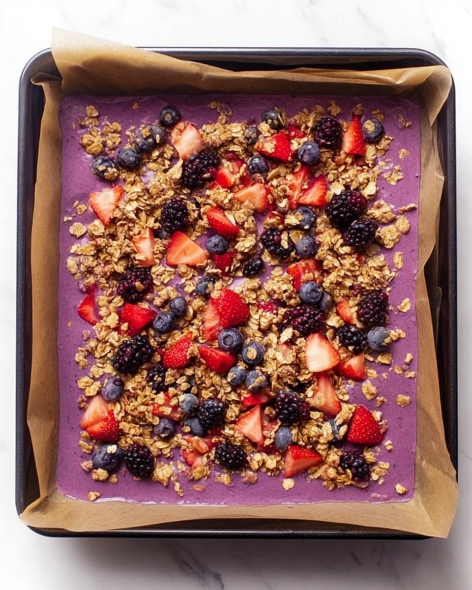 The image shows a square baking tray lined with brown parchment paper over a white marbled surface. Inside the tray is a thick purple base layer that looks smooth and creamy. On top of this purple base, there are scattered pieces of granola that are light brown and crunchy in texture. Mixed among the granola are fresh fruit pieces including small red strawberry chunks, blackberries, raspberries, and dark blueberries, adding a mix of red, black, and dark blue colors to the surface. The tray fills most of the frame and the scene is brightly lit, showing all the colors and textures clearly. Photo taken with an iphone --ar 4:5 --v 7