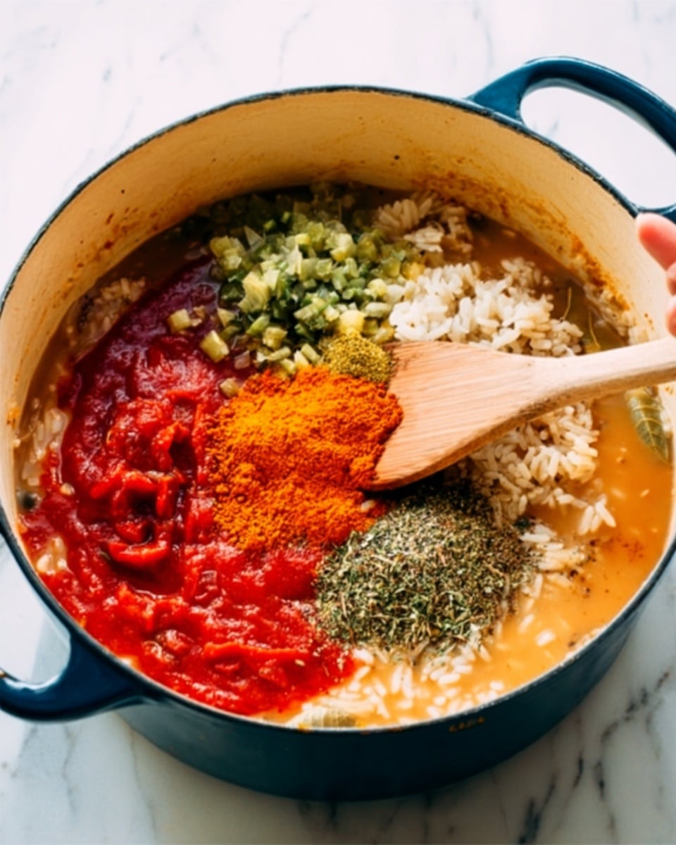 A close-up of a white pot with dark blue handles filled with a soup base, showing several layers of ingredients. The bottom layer is a light brown broth mixed with rice. On top of this, there is a thick bright red tomato puree on the left side, with a bright orange powdery spice placed near the center. Next to the spice, there is a small pile of pale green chopped vegetables. Dark green dried herbs and light brown powdery spices are sprinkled around the pile. On the right side, a wooden spatula with a woman's hand holding it is stirring the mix gently. The pot is sitting on a white marbled surface. photo taken with an iphone --ar 4:5 --v 7