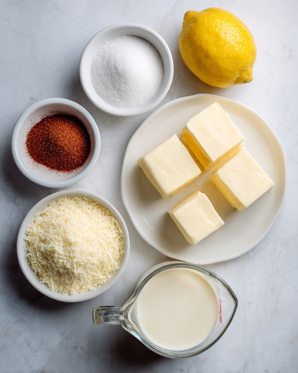 The image shows six ingredients on a white marbled surface, each in separate containers arranged in a loose circle or cluster. A small white bowl holds white kosher salt with a fine grain texture. Next to it, a similar white bowl contains reddish-brown Cajun seasoning with visible specks. Above these is a whole bright yellow lemon with a smooth surface. To the right is a white plate with four square blocks of pale yellow unsalted butter. Below the butter is a clear glass measuring cup filled with creamy white heavy cream, showing its smooth liquid texture. Near the bottom left, a small white bowl is filled with grated pale yellow Parmesan cheese, textured finely. Photo taken with an iphone --ar 4:5 --v 7