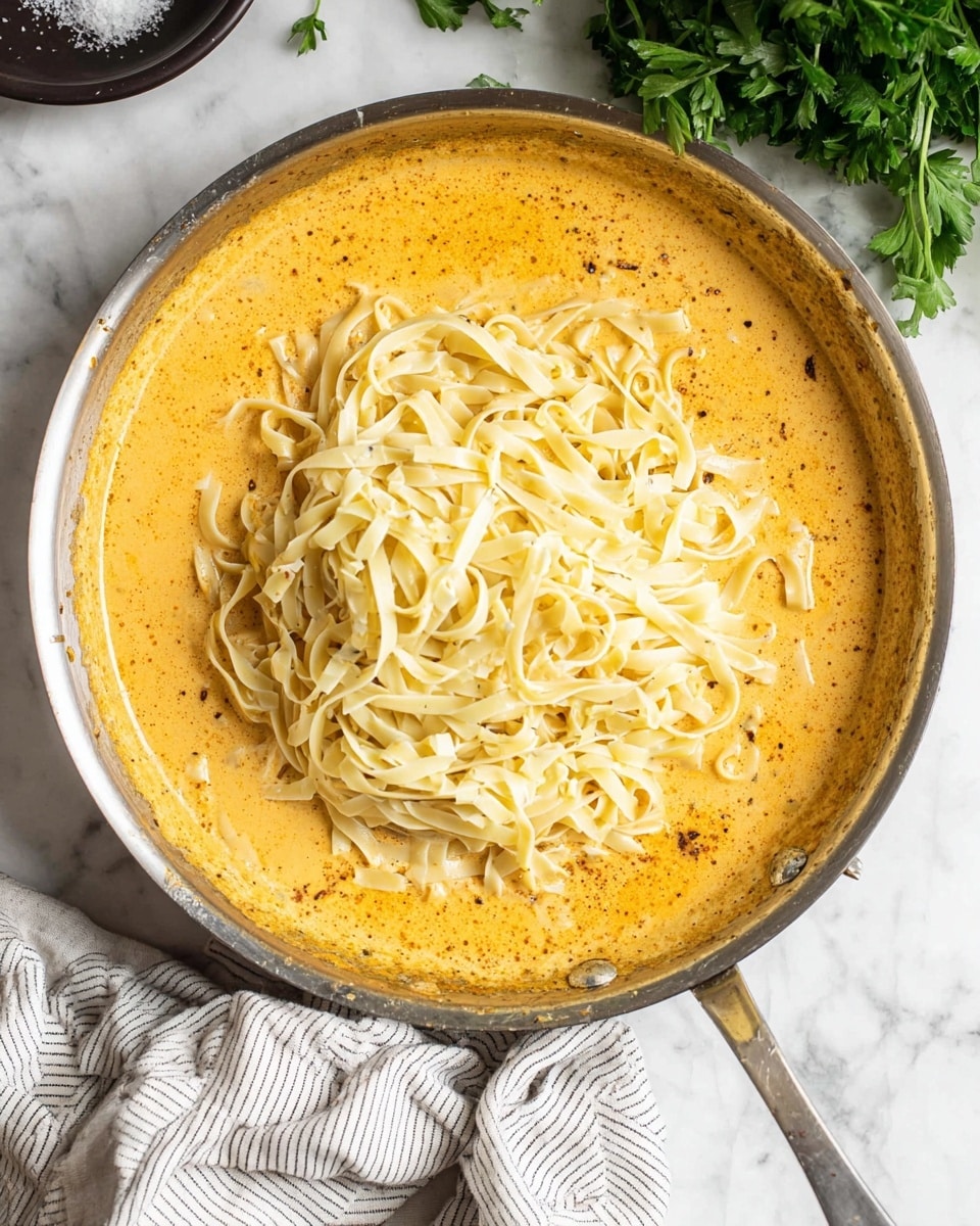 A silver pan filled with thick orange creamy sauce covers the bottom layer in a white marbled background. On top of the sauce, there is a large heap of light yellow cooked flat noodles, slightly glossy and soft-looking, mostly piled toward the middle of the pan with some strands spread out. The sauce has small black and brown specks, showing seasoning. A white and gray striped cloth is placed underneath the pan handle on the right side, and there is a dark round saucer near the top edge with some salt grains. Green leafy parsley is visible in the upper right corner. Photo taken with an iphone --ar 4:5 --v 7