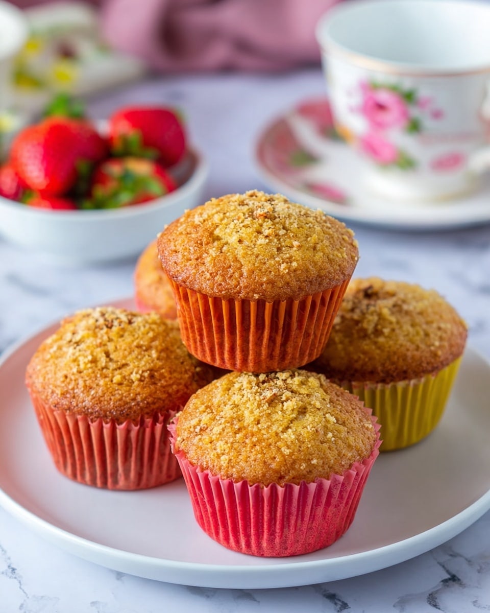 A woman's hand is holding a broken muffin showing its soft, crumbly inside filled with visible small seeds and pieces, the muffin has a golden-brown crust. Below, there is a white plate with three more muffins in colorful paper liners, two in orange and one in pink. In the blurred background, there is a white bowl filled with strawberries, a halved lemon, and a cup of tea or coffee. The setup is placed on a surface with a white marbled texture. Photo taken with an iphone --ar 4:5 --v 7