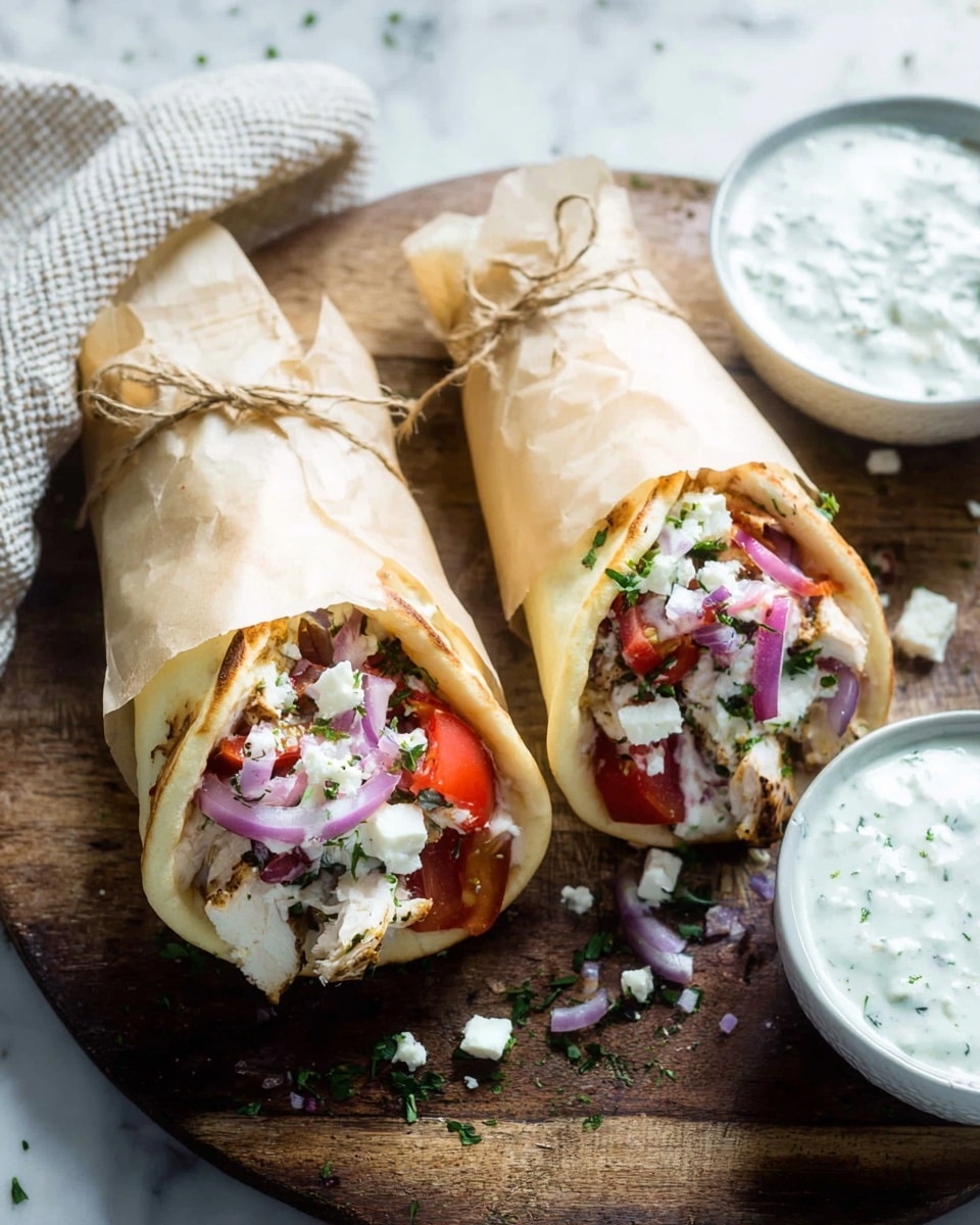 Two pita wraps stand upright side by side on a dark wooden board, each wrapped loosely in brown paper tied with string. The pitas are pale beige and soft-looking. Inside, there are layers of diced white chicken mixed with red tomato pieces and thin, curved slices of purple onion. Fresh green herbs are sprinkled throughout the filling. Small chunks of white cheese are scattered over and around the pitas. Next to them, on the board, is a white bowl filled with a creamy white sauce flecked with green herbs. The whole scene is set against a white marbled surface with a textured light-colored cloth in the top left corner. Photo taken with an iphone --ar 4:5 --v 7