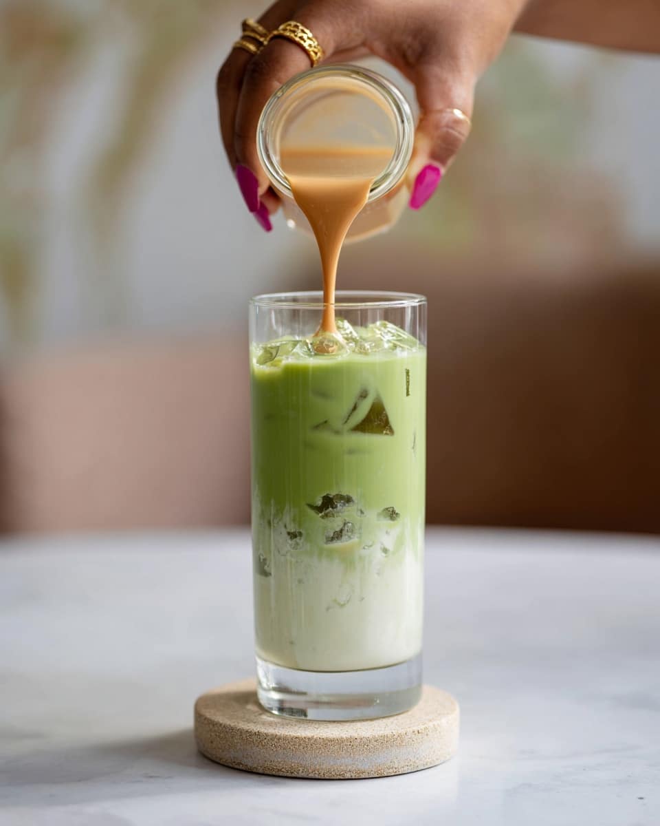 A tall clear glass sits on a round beige coaster on a white marbled surface. The glass is filled with a light green drink with ice cubes in the lower half. On top, a creamy, light tan liquid is being poured from a small transparent container held by a woman's hand with long pink nails and gold rings. The creamy liquid flows slowly into the green drink, creating a layered effect with the green at the bottom and creamy topping on the top. The background is blurred with soft, neutral tones. Photo taken with an iphone --ar 4:5 --v 7
