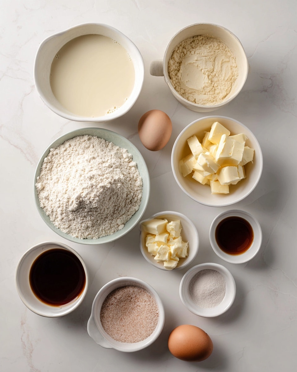 The image shows a white marbled surface with eight small white bowls and cups arranged in a loose grid. The largest bowl holds light cream-colored milk with a smooth texture. Another large bowl contains sourdough discard, which is pale beige with some bubbles. A medium bowl has fine, white flour with a slightly powdery texture. A small bowl has pale yellow butter, cut into small pieces and soft in texture. Three smaller white bowls hold different powders: coarse pink salt, fine beige sugar, and dark brown vanilla extract. Two eggs, one white and one brown, are placed near the bowls on the surface. The overall presentation is neat and organized, highlighting the clearly different colors and textures of each ingredient photo taken with an iphone --ar 4:5 --v 7
