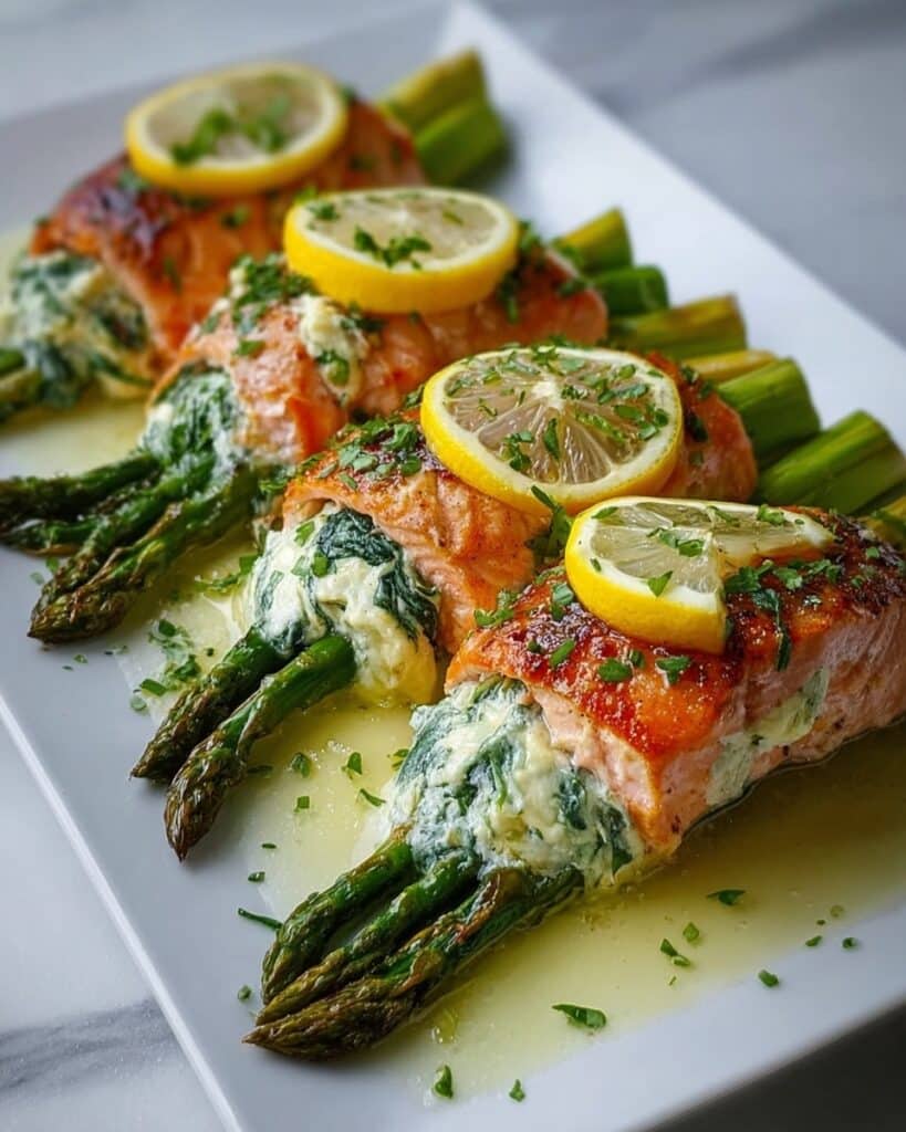 Asparagus and Lemon Basil Ricotta Stuffed Salmon Rolls with Lemon Sauce Recipe