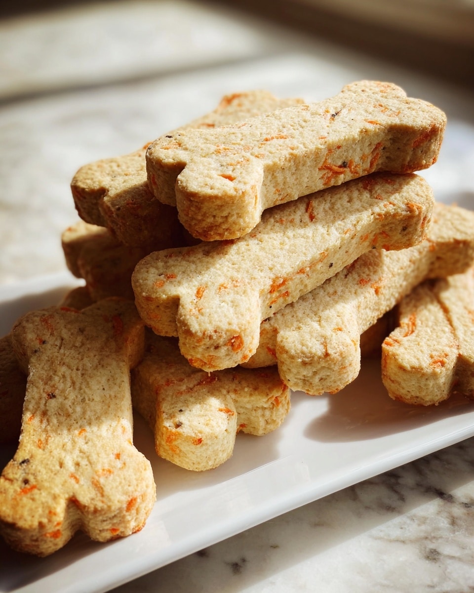 A white rectangular plate holds a stack of light tan dog bone-shaped biscuits, about three layers high. The biscuits show small orange bits and dark specks throughout their rough, grainy texture. The stack is slightly uneven, with some biscuits leaning sideways on top of others. The background features a white marbled surface softly blurred, with soft daylight coming from the right side, casting gentle shadows. Photo taken with an iphone --ar 4:5 --v 7