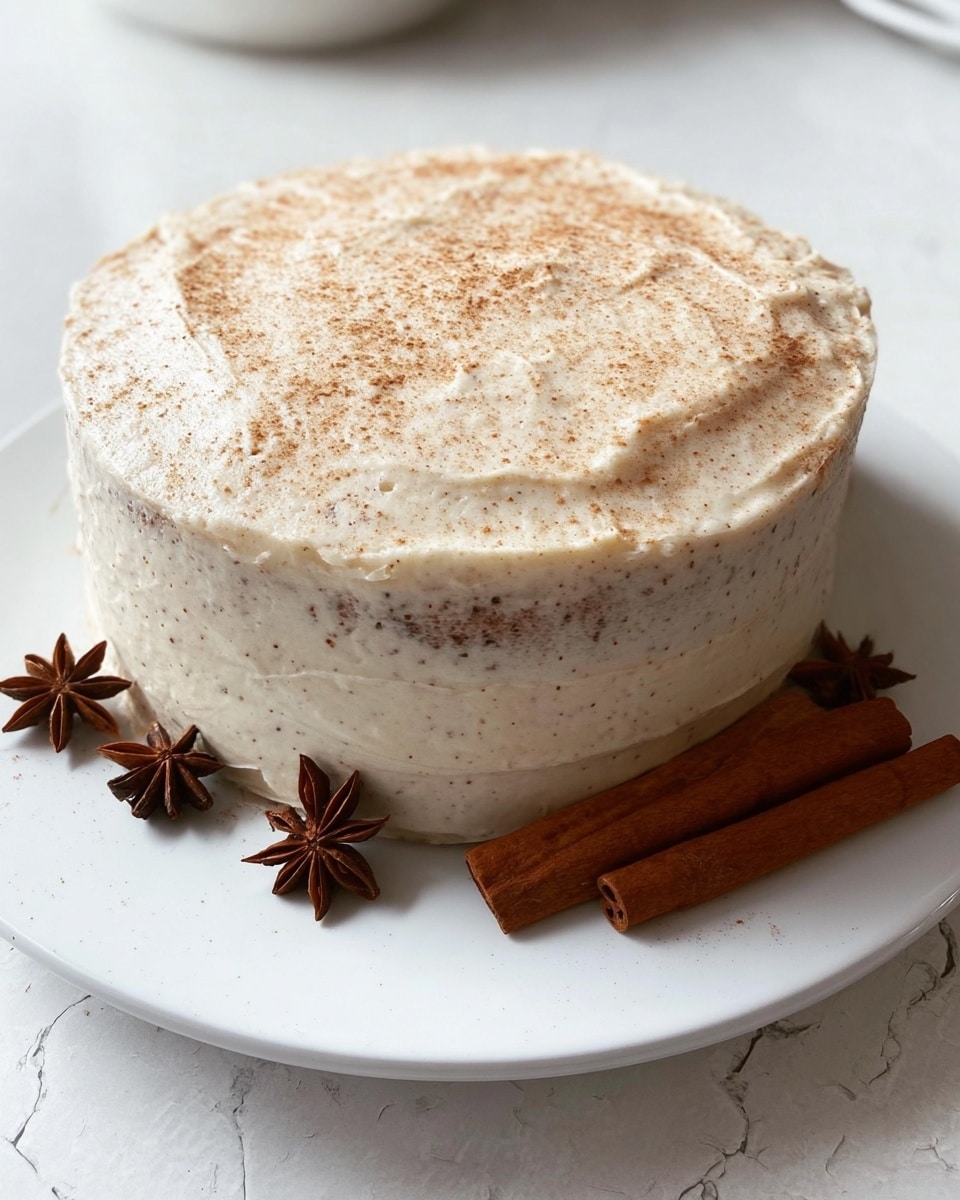 A two-layer round cake stands on a white plate set on a white marbled surface. The cake is light brown inside with a creamy white frosting both between the layers and thickly covering the outside, showing a smooth swirl texture on top sprinkled lightly with brown spice powder. Around the base of the cake on the plate are a few brown cinnamon sticks and star anise pods, adding a warm, natural touch. A slice is taken out to reveal the soft texture and the even layer of frosting inside. Photo taken with an iphone --ar 4:5 --v 7