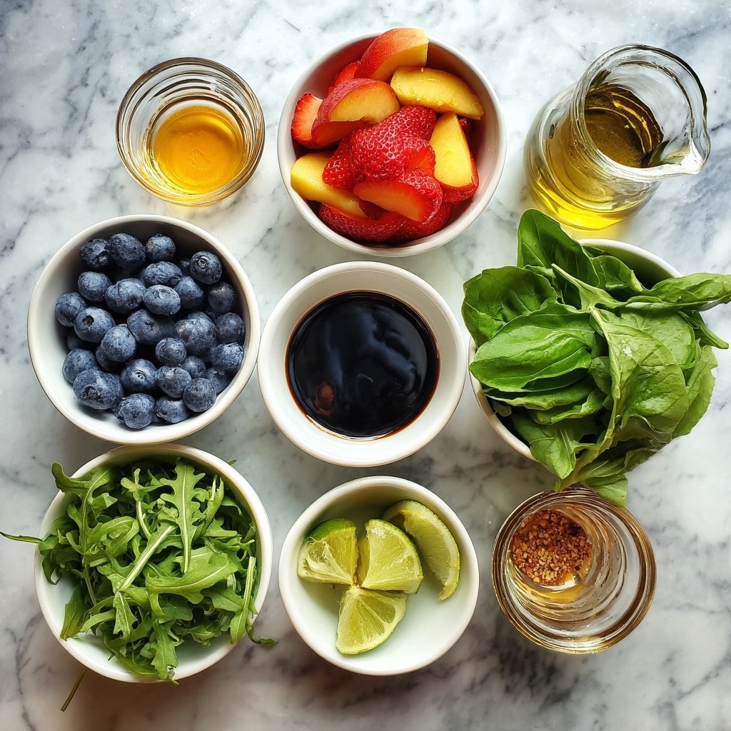 A white plate holds a fresh salad arranged visually in three main layers: the bottom layer is a bed of dark green arugula leaves spread evenly across the plate; on top of the greens, there are bright red strawberry slices, golden-orange grilled peach slices with dark grill marks, and scattered deep blue blueberries; sitting in the center is a round, smooth white ball of cheese sprinkled lightly with black pepper and topped with a small green herb leaf. The plate is placed on a white marbled surface, with a fork and a glass of a light green beverage with mint leaves in the background. photo taken with an iphone --ar 4:5 --v 7