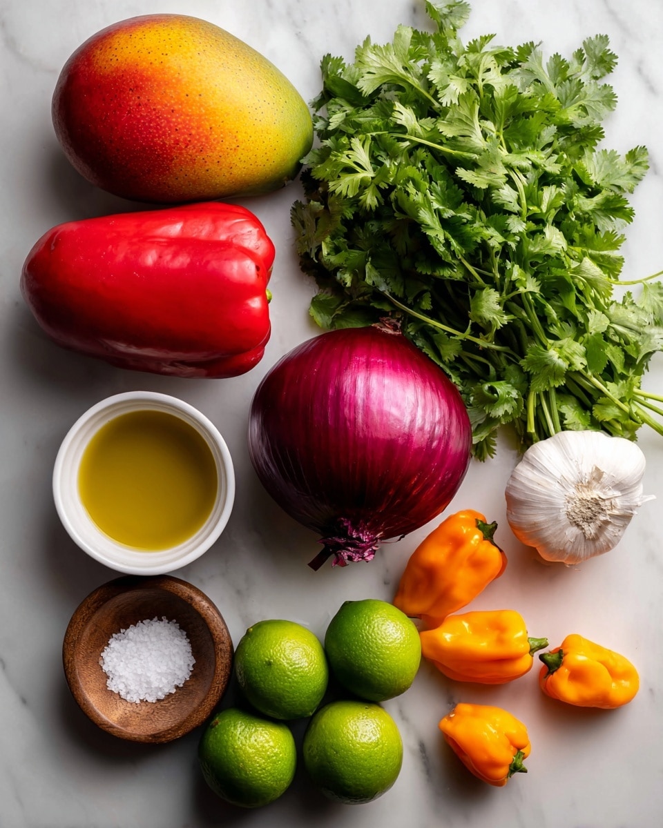 The image shows fresh whole ingredients arranged neatly on a white marbled surface, each labeled with black text. At the top are two fresh mangos with smooth, red and yellow skin. To the right of the mangos is a bunch of fresh, green cilantro leaves. Below the mangos is a bright red bell pepper with a glossy texture. Next to the cilantro is a small white bowl filled with golden olive oil, and beside it a small round wooden dish containing white salt crystals. Below the red bell pepper is a round, smooth red onion with a shiny purple-red outer skin. Nearby are two fresh green limes, next to a bulb of white garlic. At the bottom right are three small, bright orange habanero peppers with smooth shiny skin. The ingredients are spaced evenly, and the light source highlights their fresh colors and textures clearly. Photo taken with an iphone --ar 4:5 --v 7