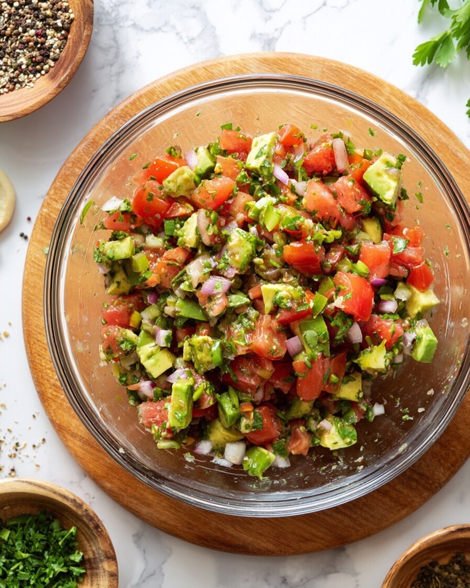The image shows a clear glass bowl filled with a colorful mix of diced avocado, red tomatoes, green herbs, and small pieces of white onion, all combined to form a fresh salsa or salad. The bowl sits on a round wooden board, which is placed on a white marbled surface. Around the bowl, there are hints of other ingredients like chopped herbs and a small wooden bowl with black and white pepper grains. The colors are bright, with green, red, and white contrasting nicely. photo taken with an iphone --ar 4:5 --v 7