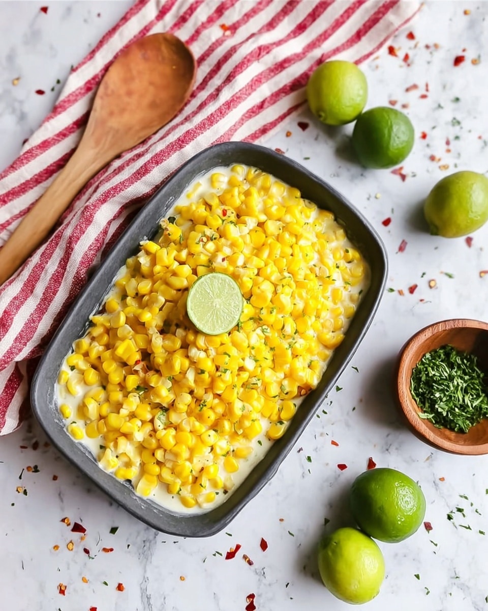 The dish shows a black rectangular pan filled with two layers: the bottom layer is a creamy white sauce, smooth in texture, and the top layer is a thick mound of bright yellow corn kernels mixed with little green herbs and small red chili flakes, giving it a colorful touch. At the center of the corn layer, there is a half slice of a lime placed upright, adding a fresh green contrast. The pan sits on a white marbled surface with scattered bits of herbs and chili flakes around it. In the background, there are whole and halved limes, a wooden spoon, and a red and white striped cloth, all softly blurred. photo taken with an iphone --ar 4:5 --v 7