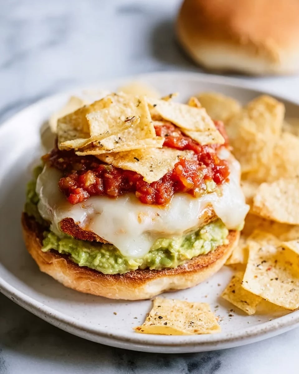 A sandwich is open-faced on a white plate with a white marbled surface. The sandwich has four clear layers: at the bottom is a toasted bun with a light brown color, on top of it is a melted white cheese that flows slightly over the edges, next is a thick layer of green guacamole with a chunky texture, followed by a topping of chunky red salsa. On the very top, there are several light yellow crushed tortilla chips sprinkled to add a crunchy texture. To the right side of the sandwich, there is a plain bun and some scattered tortilla chips with black pepper specks. photo taken with an iphone --ar 4:5 --v 7