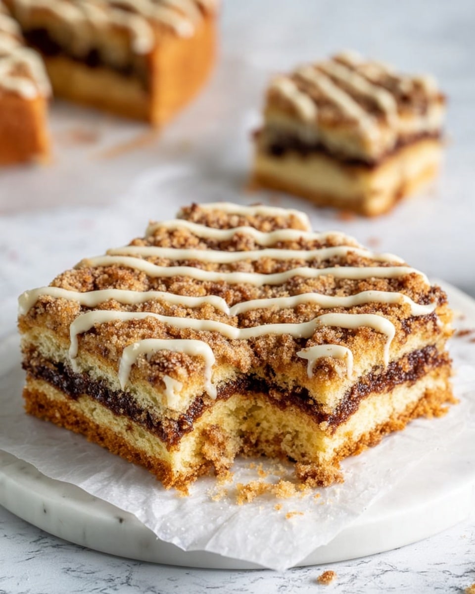 The image shows a square layered cake with three visible layers. The bottom and middle layers are light golden sponge cake, and between them is a thick dark brown layer of crumbly filling. The top layer is a crunchy crumb topping, drizzled with a white icing in a crisscross pattern. One square piece is slightly pulled out, revealing the distinct layers and crumb texture. The cake rests on white parchment paper atop a round white marble surface. In the blurred background, there is another small square piece of the cake. The overall colors are warm light browns and creamy whites, with a clean white marbled texture underneath photo taken with an iphone --ar 4:5 --v 7