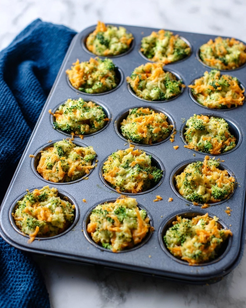 A dark grey muffin tray holds 15 slots filled with a mix of finely chopped green broccoli and shredded orange cheese, with a few small bits spilling over the edges onto the tray. The broccoli and cheese mixture is packed into each slot as a single combined layer, showing a chunky and textured blend of green and orange colors. The tray sits on a white marbled surface with a dark blue cloth partially visible in the background. Photo taken with an iphone --ar 4:5 --v 7