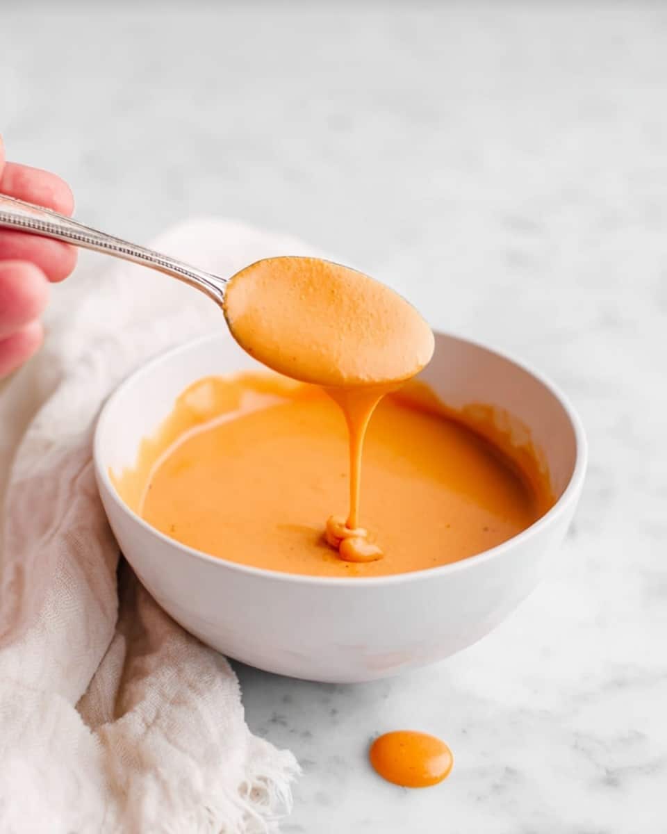 A small white bowl filled with one thick layer of creamy orange sauce with a smooth texture. A woman's hand is holding a silver spoon above the bowl, with the sauce dripping back into it. The bowl is placed on a white marbled surface next to a white cloth. A small amount of sauce is spilled near the bowl. photo taken with an iphone --ar 4:5 --v 7