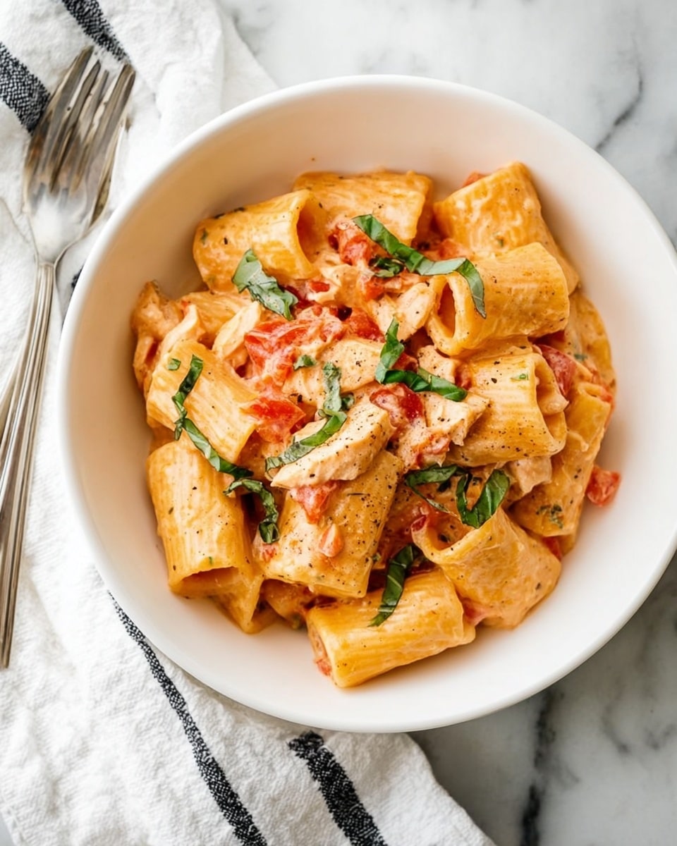 A white bowl filled with rigatoni pasta coated in a creamy light orange sauce, mixed with small pieces of light pink chicken and diced red tomatoes. Thin strips of fresh green basil leaves are sprinkled on top. The pasta pieces are short tube-shaped with a slightly rough texture, evenly covered with sauce and herbs. The bowl sits on a white marbled surface, next to a silver fork and a white cloth with a black and white striped towel. Photo taken with an iphone --ar 4:5 --v 7